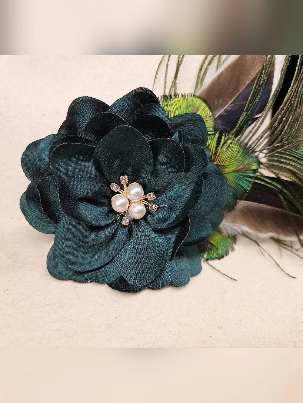 NEW Peacock feather Hat Pin Brooch W/ green satin flower, rhinestones and pearls